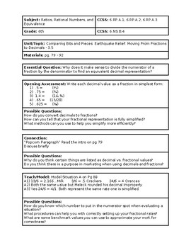 Preview of 6th Grade CMP3 Lesson Plan - Comparing Bits and Pieces 3.5 - Workshop Model