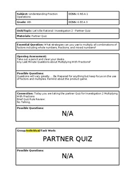 Preview of 6th Grade CMP3 Lesson Plan -Let's Be Rational - Investigation 2 - Partner Quiz