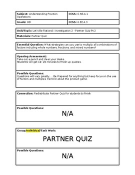 Preview of 6th Grade CMP3 Lesson Plan -Let's Be Rational -Investigation 2 -Partner Quiz pt2