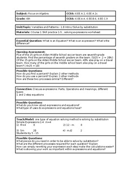 Preview of 6th Grade CMP3 Lesson Plan - Variables and Patterns - Equations Intro