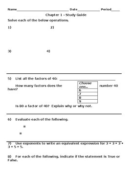 Preview of 6th Grade Chapter 1 Test Study Guide with Answer Key