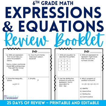 Preview of Expressions and Equations Review Booklet for 6th Grade Math