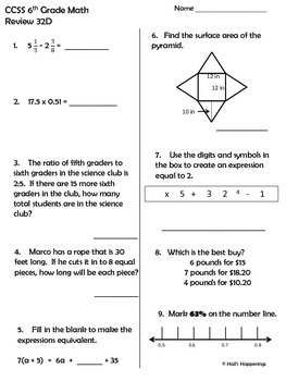 6th Grade Common Core Math Daily Review Weeks 31-35 by ...