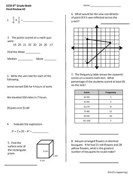 6th Grade Common Core Math Final Review Worksheets by Jennifer Hall