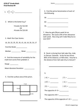 6th Grade Common Core Math Final Review Worksheets by Jennifer Hall