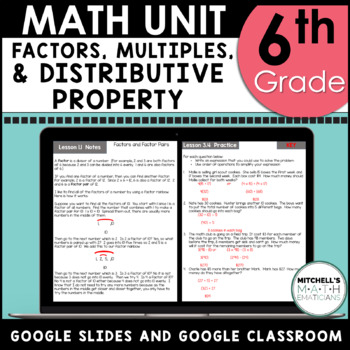 Preview of Factors Multiples and Distributive Property 6th Grade Math Unit Using Google