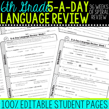 Preview of 6th Grade Daily Language Spiral Review Morning Work [Editable]