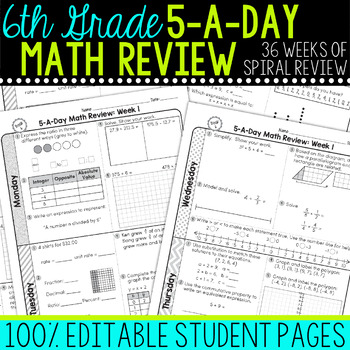 Preview of 6th Grade Daily Math Spiral Review Morning Work [EDITABLE]