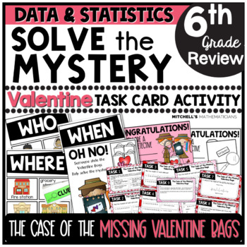 Preview of 6th Grade Data & Statistics Solve The Mystery Valentine's Day Task Card Activity