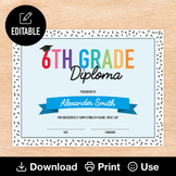 6th Grade Diploma, Editable & Printable Blue Graduation Ce