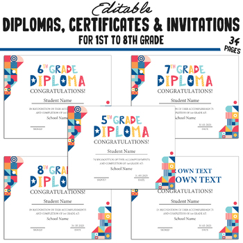 Preview of 6th Grade Diplomas, Editable Certificates for 1st-8th Grades and Invitations