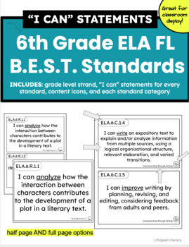 Preview of 6th Grade ELA BEST Standards "I CAN" Posters Florida Language Arts