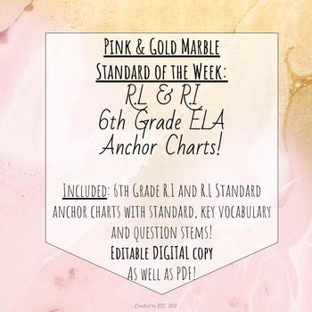Preview of 6th Grade ELA Standard Anchor Charts Pink and Gold Marble