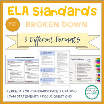 Preview of 6th Grade ELA Standards Breakdown with "I Can" Statements and Focus Questions 
