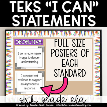 Preview of 6th Grade ELA TEKS I Can Statements Full Size Objective Posters Black and White