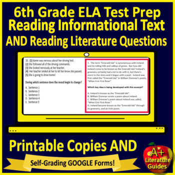Preview of 6th Grade ELA Test Prep Reading Practice Tests Print & Self-Grading Google Forms