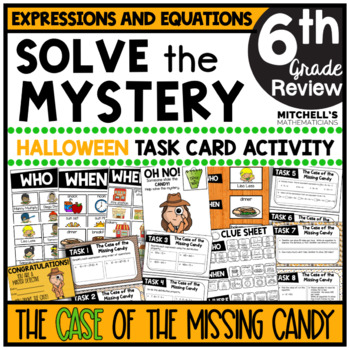 Preview of 6th Grade EXPRESSIONS AND EQUATIONS Solve The Mystery Halloween Task Cards