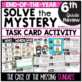 Preview of 6th Grade Math End of the Year Solve The Mystery Task Card Activity | Set 3