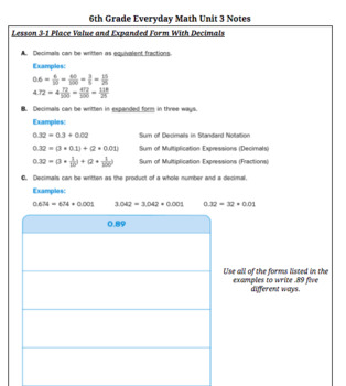 Preview of 6th Grade Everyday Math: Unit 3 Notes