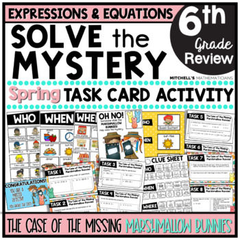 Preview of 6th Grade Expressions & Equations Solve The Mystery Spring Task Cards