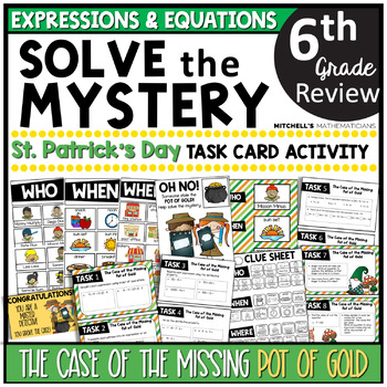 Preview of 6th Grade Expressions & Equations Solve The Mystery St. Patrick's Day Task Cards