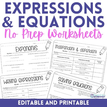 Preview of Expressions and Equations No Prep Worksheets