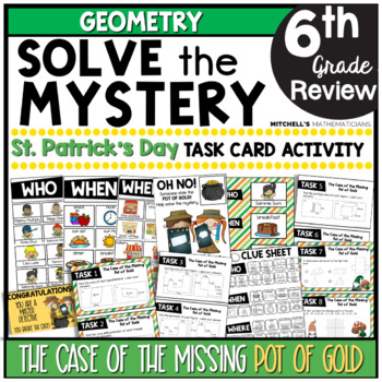 Preview of 6th Grade GEOMETRY Solve The Mystery St. Patrick's Day Task Card Activity