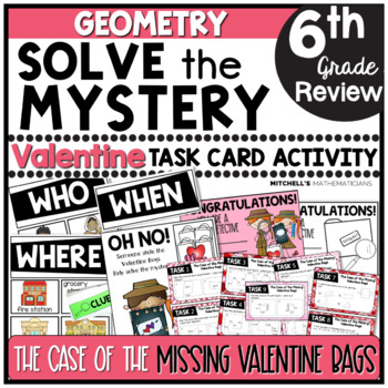 Preview of 6th Grade GEOMETRY Solve The Mystery Valentine's Day Task Card Activity