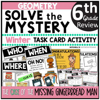 Preview of 6th Grade GEOMETRY Solve The Mystery winter Task Card Activity