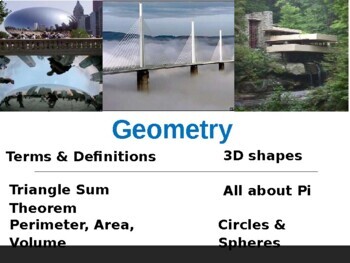 Preview of Geometry Lessons- Area, Volume, Triangle Sum Theorem, Circles & Spheres 5+hrs