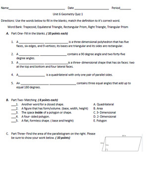 Preview of 6th Grade Geometry Quiz Set w/ Answer Keys