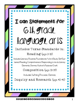 Preview of 6th Grade Language Arts I Can Statements (Updated 2019 Texas Standards, TEKS)