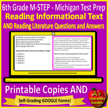 Preview of 6th Grade M-Step Test Prep Reading Print & SELF-GRADING GOOGLE! Michigan MSTEP