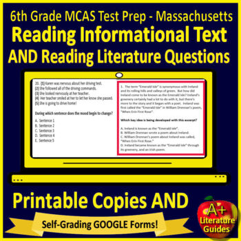 Preview of 6th Grade MCAS Massachusetts Test Prep Reading Print & SELF-GRADING GOOGLE! 