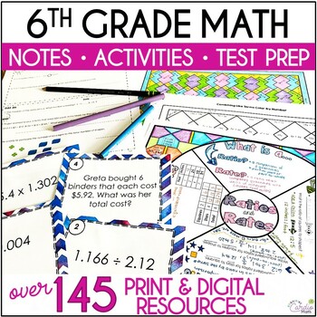 Preview of 6th Grade Math Spiral Review, Math Wheel Guided Notes, Test Prep, Coloring
