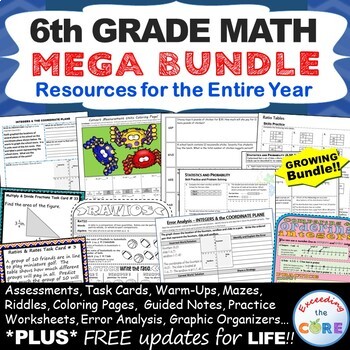 Preview of 6th Grade Math Assessments, Notes, Task Cards, Worksheets BUNDLE