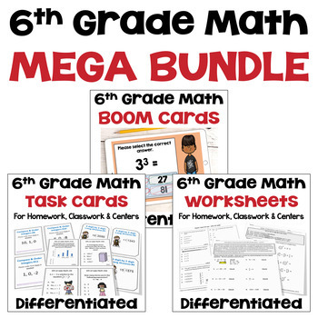 Preview of 6th Grade Math Bundle of Worksheets, Task Cards, and Boom Cards - Differentiated