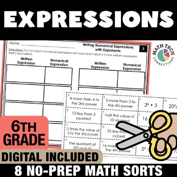 Preview of 6th Grade Math Centers: Expressions Review Activities Interactive Math Sorts