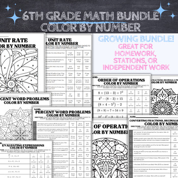 Preview of 6th Grade Math Color By Number GROWING BUNDLE,Independent Work,End Year Review