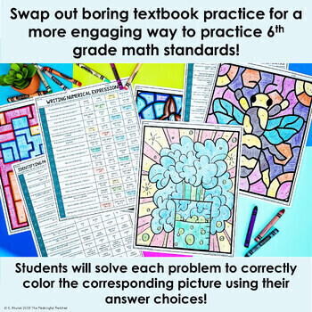 6th Grade Math Color by Number Review Worksheets YEAR LONG GROWING BUNDLE