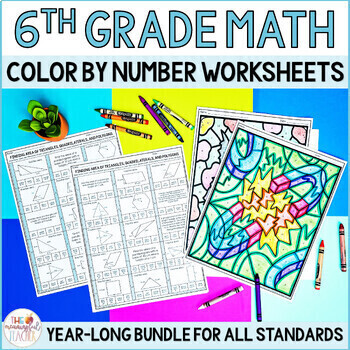 Preview of 6th Grade Math Color by Number Review Worksheets YEAR LONG BUNDLE