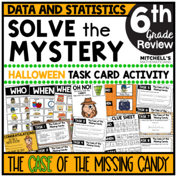 Preview of 6th Grade Math Data & Statistics Solve The Mystery Halloween Task Card Activity