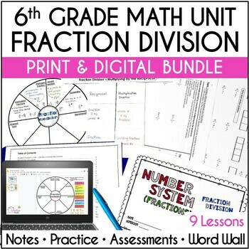Preview of 6th Grade Math Dividing Fractions Curriculum Unit Print and Digital Resources 