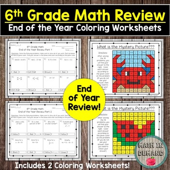 6th Grade Math End of the Year Review Coloring Worksheets by Math in Demand