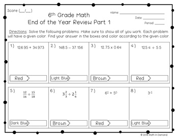 6th grade math end of the year review coloring worksheets by math in demand