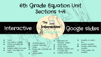 Preview of 6th Grade Math - Equations Unit (sections 1-4) - Interactive Google Slides