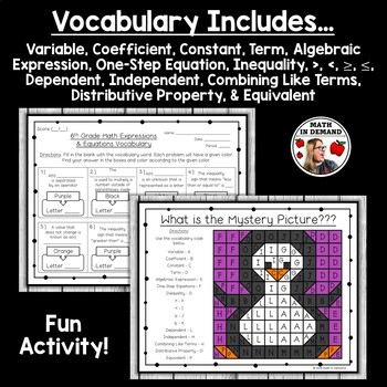 6th grade math expressions equations vocabulary coloring worksheet