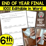 6th Grade Math End of Year Final 100% Editable