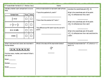 Preview of 6th Grade Math Florida BEST Standards Review for PM2 and PM3 - 10 Day (No Prep)