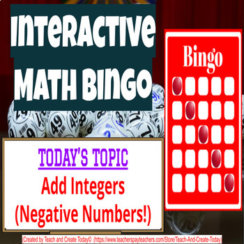 Preview of 6th Grade Math Game Review Bingo Activity #13 Add Integers Negative Numbers